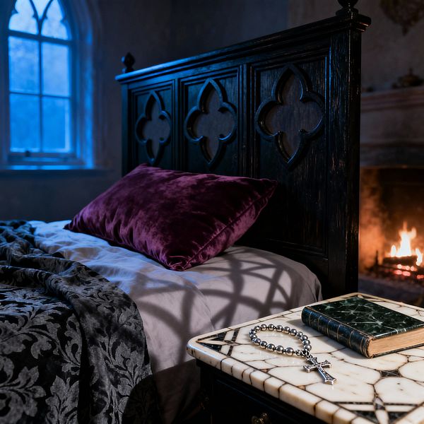 A moody Gothic bedroom shows a close view of a bed with a black carved headboard featuring quatrefoil cutouts, dressed with charcoal damask bedding, soft gray sheets, and a deep plum velvet pillow. A black nightstand with a white veined marble top holds a green antique book and a metal rosary, while a stone fireplace burns at right and a pointed-arch window at left casts blue moonlit shadows across the linens and aged plaster walls.