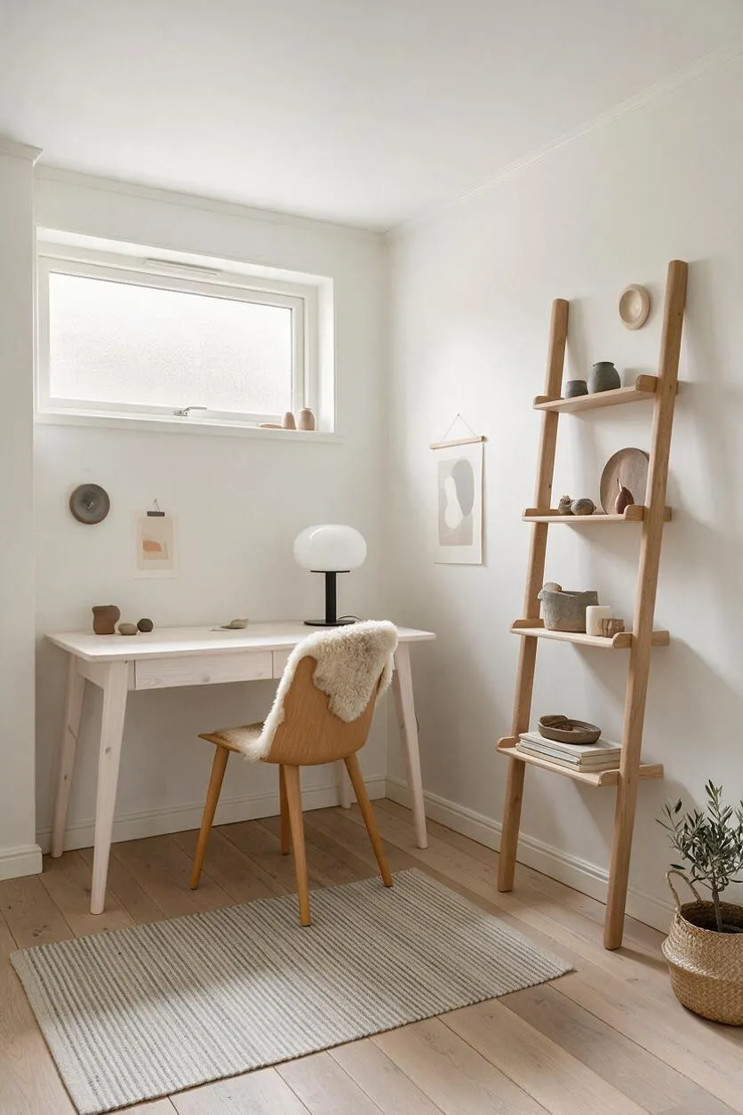 A bright basement workspace with white walls, a small frosted window, and pale wood floors. The room includes a white desk, a bentwood chair with a sheepskin throw, a ladder-style wooden shelf, and neutral decor in soft beige and natural wood tones.