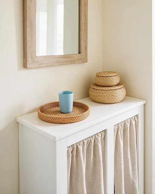 A coastal-style master bathroom corner with a white storage cabinet topped by woven baskets and a wicker tray holding a blue cup. A light wood framed mirror hangs above, and soft neutral walls create a calm, airy feel.