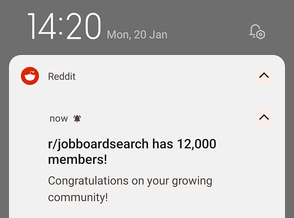 A notification from Reddit announcing the growth of the r/jobboardsearch subreddit to 12,000 members.