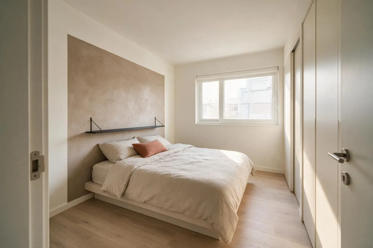 A compact modern master bedroom with a low platform bed dressed in soft white bedding and a small rust-colored accent pillow. The room features a large taupe textured accent wall with a slim black shelf, light wood flooring, a bright window, and white built-in wardrobes along the right side.