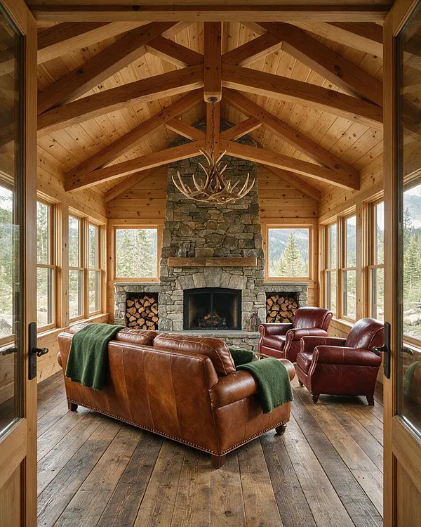 A rustic sunroom with a vaulted wood ceiling, exposed beams, and walls of windows overlooking a mountain landscape. The room centers on a tall stone fireplace with stacked firewood, a mounted antler chandelier, a brown leather sofa, and two burgundy leather chairs on a weathered wood floor.