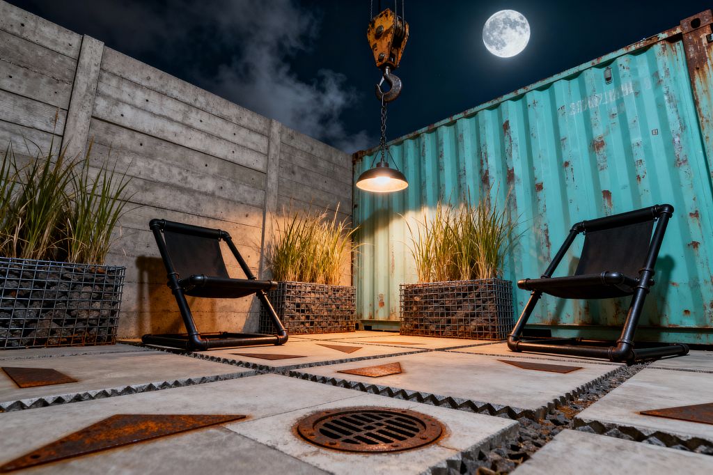 A small outdoor patio at night framed by a raw concrete wall and a turquoise, rust‑patched shipping container. Large concrete pavers with serrated edges and rusted steel diamond inlays surround a circular floor drain; two low black pipe‑frame sling chairs face each other beside gabion planters filled with rock and tall grasses, while a metal pendant hangs from a crane hook, casting warm light under a bright moon.