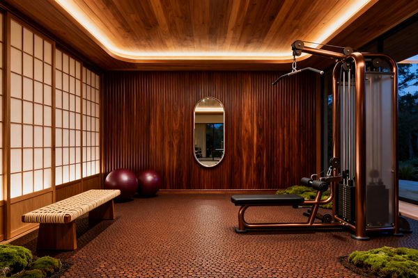 Mid-century modern home gym with vertical walnut slat walls and a matching wood ceiling lit by soft LED cove lighting. A copper-toned multi-gym and black bench sit on rust penny-round tile, facing backlit shoji screens and a woven cord bench. An oval brass-framed mirror centers the wall, two plum exercise balls rest nearby, and moss planters soften the corners. A floor-to-ceiling window on the right opens to an outdoor view at dusk.