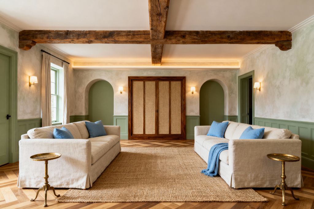 A symmetrical French Country media room features two ivory linen sofas facing across a large jute rug on oak herringbone flooring. Sage green paneling and arched niches frame cane-front sliding doors on the back wall, with limewashed walls, warm LED cove lighting, and brass sconces. Reclaimed wood ceiling beams, linen curtains, blue accent pillows, and petite brass side tables complete the relaxed, rustic-elegant setting.