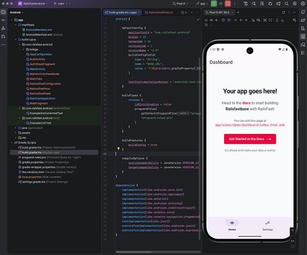 Screenshot of an Android development environment running a template app with authentication, onboarding, native tabs, and native navigation matching Rails routes.