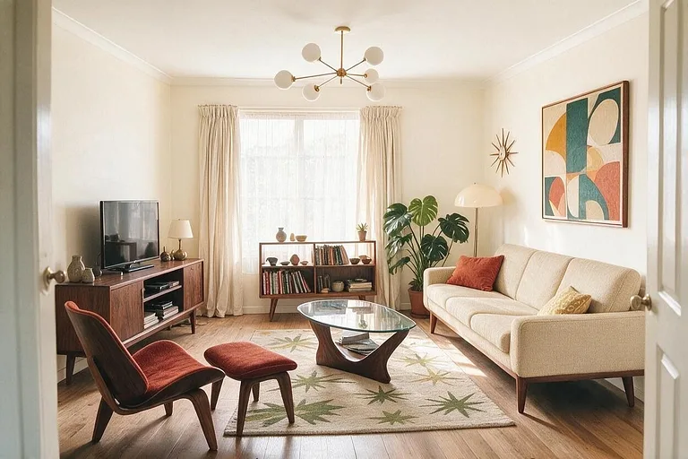 A Mid-Century Modern living room in the Beige and Rust palette: ivory, beige, rust, walnut, and olive