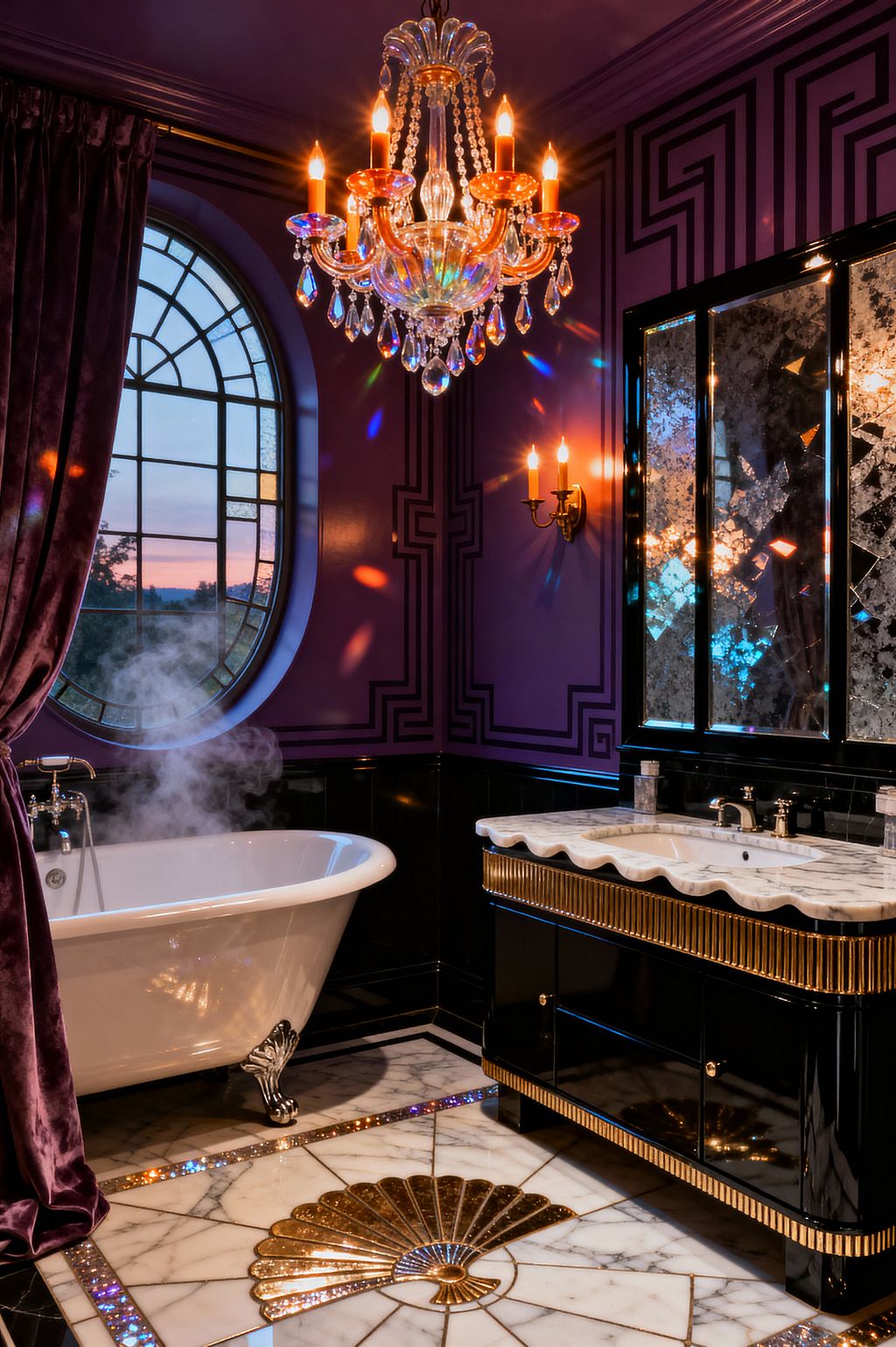 A dramatic vintage-glam bathroom with deep purple walls and black geometric trim features a crystal chandelier, brass wall sconces, and an arched leaded window framed by velvet curtains. A white clawfoot tub with silver feet sits beside a black lacquer vanity with fluted gold accents and a scalloped white marble countertop, topped by foxed mirror panels; the white marble floor displays a brass Art Deco fan medallion and iridescent mosaic inlays, all illuminated by warm, prismatic light.