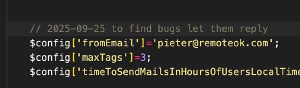 The image displays a code snippet related to email configuration settings.