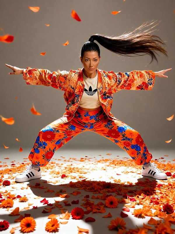 A dynamic fashion photograph featuring a model in vibrant floral attire surrounded by flower petals.