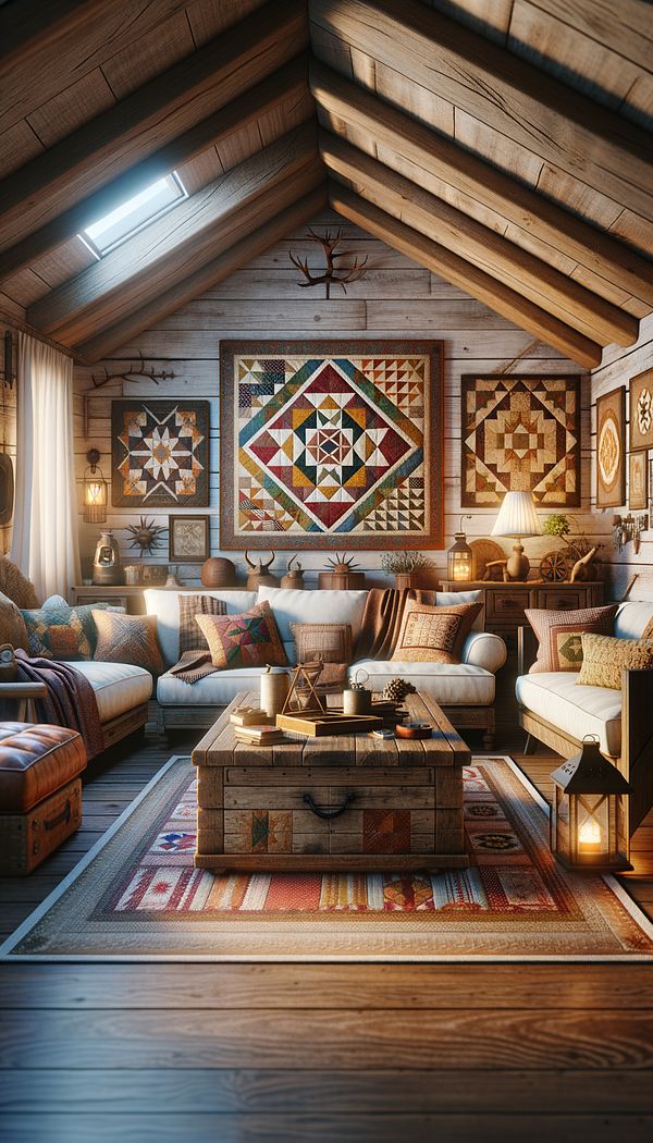 A cozy living room featuring a mix of American Country design elements, such as a wooden coffee table, handcrafted quilts, and vintage decor.