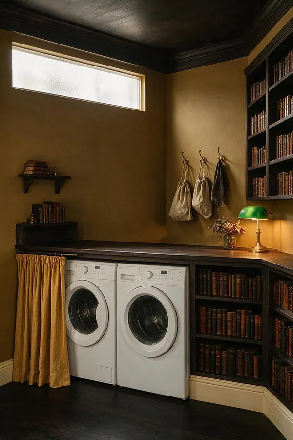 A moody basement laundry room styled like a Dark Academia study, with white front-load washer and dryer built beneath a dark wood countertop. Walls are painted a warm golden brown, and built-in bookshelves packed with old books wrap the right side of the room, while a small green banker’s lamp and brass accents add a scholarly glow.