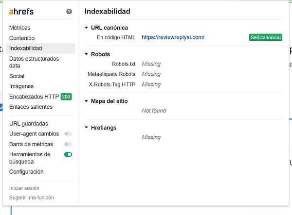 The image displays a technical SEO analysis interface from Ahrefs, focusing on indexability issues for the website reviewreplyai.com.