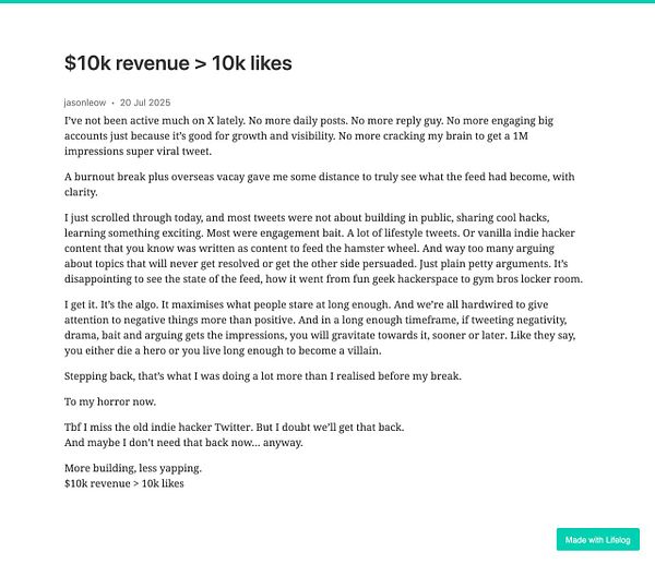 $10k revenue is prioritized over 10k likes in a reflective post about social media engagement.