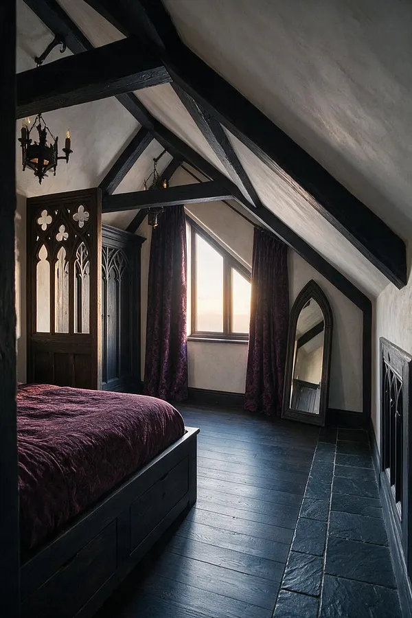 A dramatic studio apartment bedroom with steep white ceilings crossed by black timber beams, a dark wood bed, and deep plum bedding. Gothic details include pointed-arch cabinet fronts, a cathedral-shaped floor mirror, tall burgundy curtains, and a wrought-iron chandelier by a bright window.