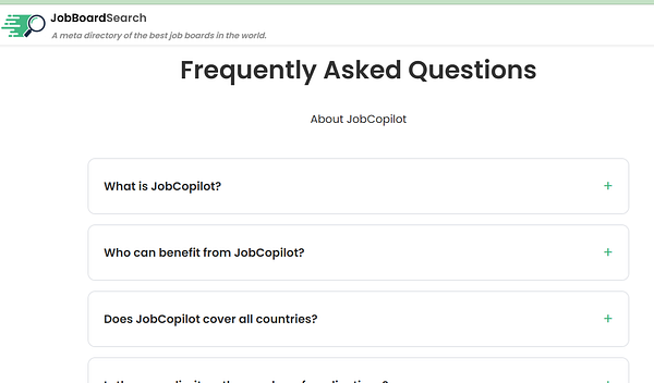 A JSON-LD script for FAQ schema with structured questions and answers related to job board searches is displayed in a Visual Studio Code editor.