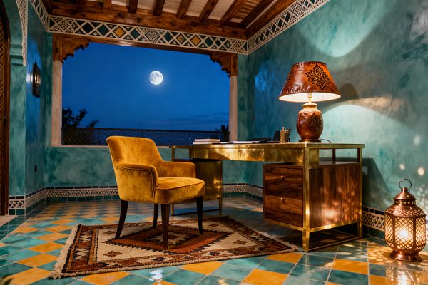 An intimate Moroccan home office at night shows a polished brass desk with walnut drawers and a mustard velvet armchair set on a patterned Berber rug. Turquoise tadelakt walls feature geometric borders, while the floor is tiled in teal and ochre zellige diamonds. A leather-shaded table lamp and a pierced copper lantern cast patterned light. Exposed wooden beams frame a large open window with a bright full moon against a deep blue sky.