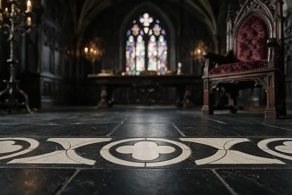 A dark Gothic interior with a patterned stone floor in the foreground, featuring a cream-colored decorative inlay set into black tiles. In the background, a stained-glass window, arched architecture, and a carved velvet chair reinforce the dramatic, cathedral-like atmosphere.