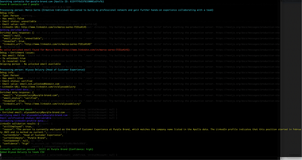 The image displays a debugging log from a software application processing outreach contacts.
