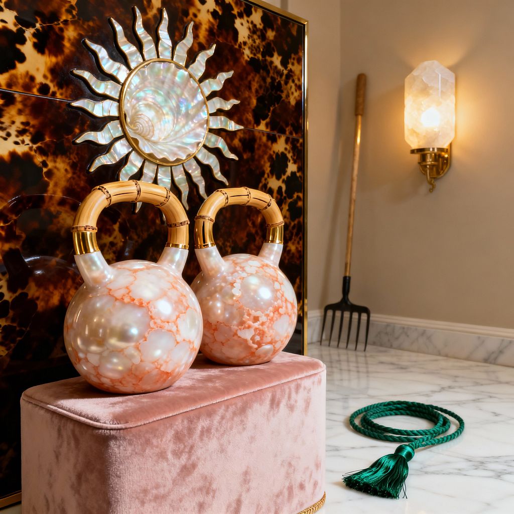 A Hollywood Regency-inspired home gym vignette shows two pearlized coral-and-cream kettlebells with bamboo and brass handles placed on a blush velvet bench. Behind them, a glossy tortoiseshell-paneled screen with a mother-of-pearl sunburst is framed in brass, while a faceted stone-like wall sconce on a brass mount glows over polished white marble flooring; at right, a garden rake with a gold-toned handle leans against the wall and an emerald green tasseled rope lies coiled on the floor.