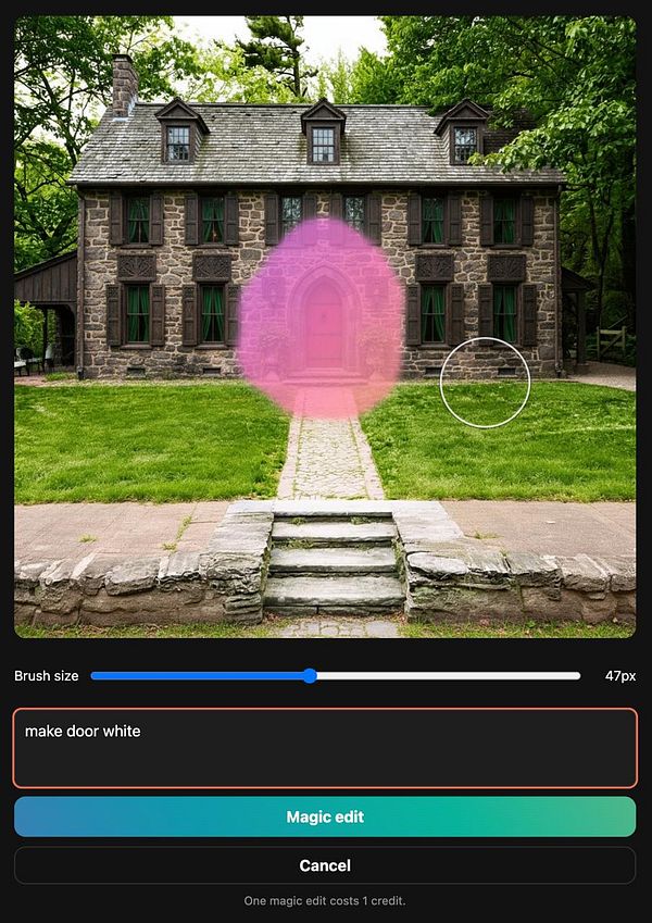 The image displays a house with a user interface for a photo editing tool focused on changing the door color.