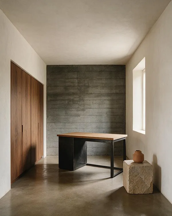 A minimalist home office features a simple wood-topped desk with a black metal base centered against a raw concrete accent wall. Warm walnut closet doors line the left side, a small window brings in daylight on the right, and a rough stone block with a clay vase adds sculptural texture.