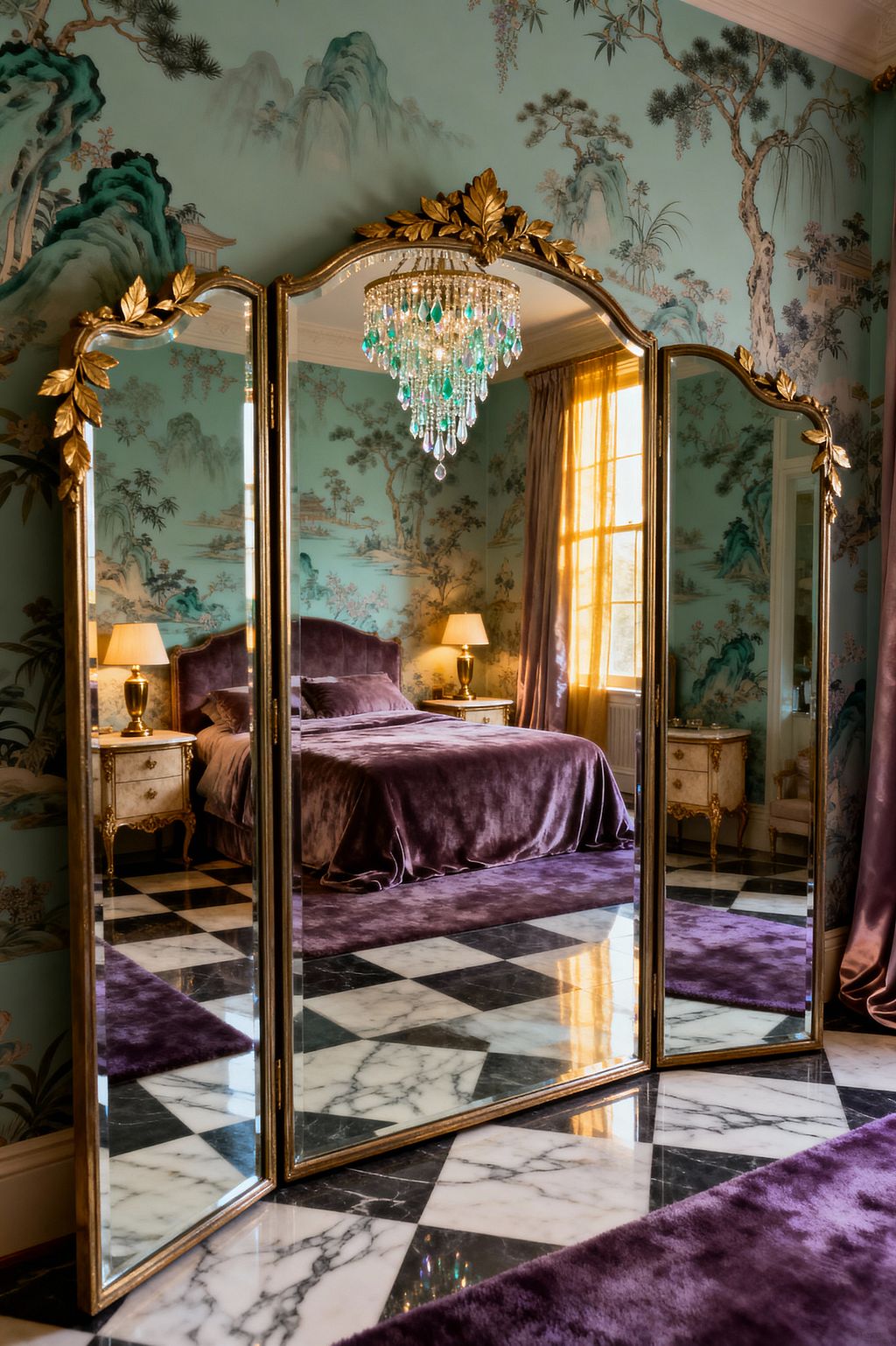 An opulent bedroom reflected in a large gilded trifold mirror with leaf detailing. The room features aquamarine chinoiserie wallpaper, a plum velvet upholstered bed with matching coverlet, mirrored nightstands with gold bases and beige lamps, black-and-white marble checkerboard flooring softened by deep purple rugs, a crystal chandelier with teal drops, and golden silk curtains filtering warm daylight.
