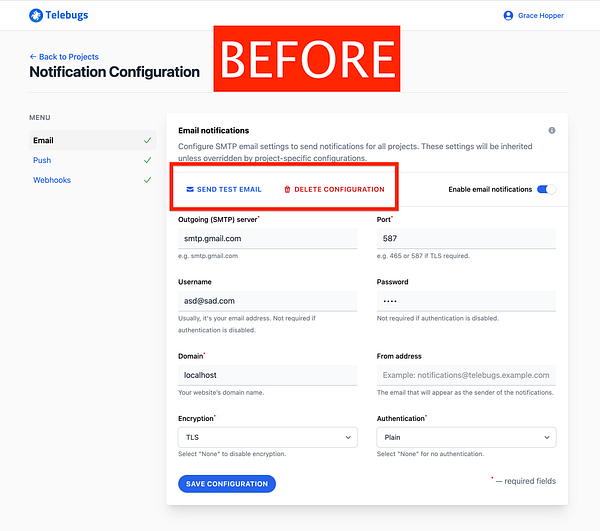 The image displays a user interface for configuring email notifications in a project management tool called Telebugs.