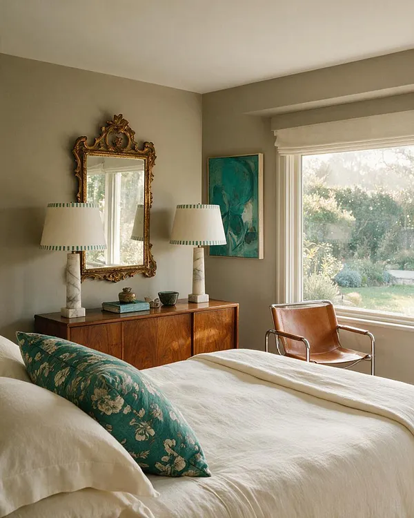 A guest bedroom with a cream bed, a teal floral bolster pillow, and warm taupe walls. A carved gold-framed mirror hangs above a walnut dresser with matching lamps, while a brown leather accent chair sits near a large sunlit window.