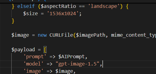 The image displays a code snippet related to an API request for an AI model upgrade.