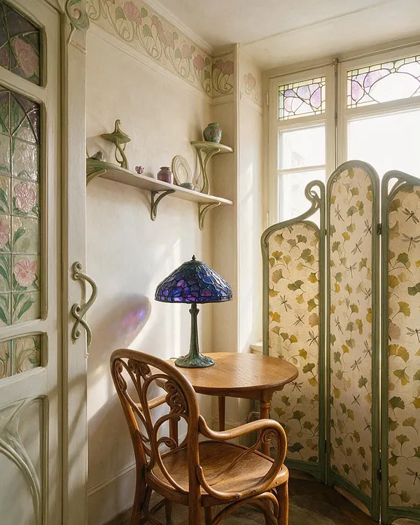 A small Art Nouveau living room nook with cream walls, floral stained-glass details, and curved green-painted trim. A carved wooden chair sits beside a small round table topped with a purple glass lamp, while a decorative folding screen with leafy fabric panels stands by bright windows.