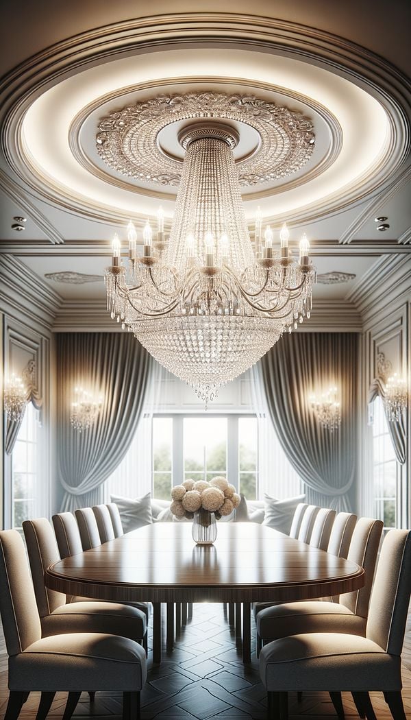 An elegant dining room with a large crystal chandelier hanging over the center of the dining table, casting a soft glow over the room