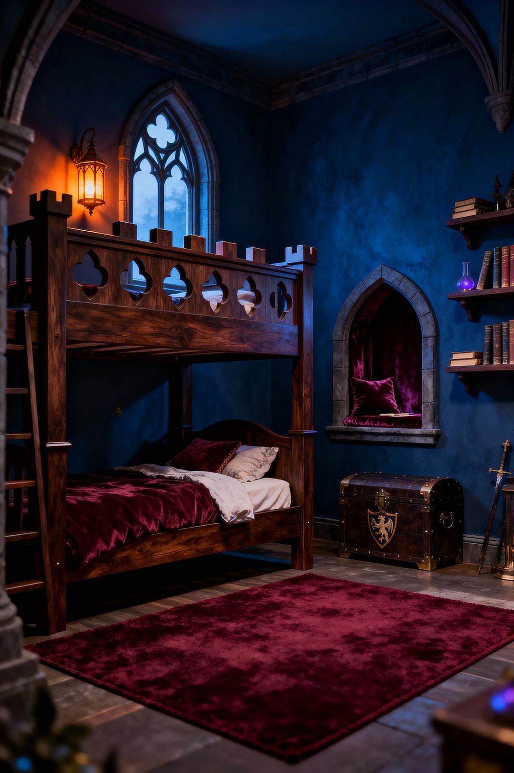 Kids’ bedroom styled like a medieval castle with deep blue walls and a dark wood bunk bed featuring crenellated guardrails and quatrefoil cutouts. Warm light from a wall lantern and a pointed-arch window illuminates burgundy velvet bedding and a matching rug, a stone-framed arched niche with velvet cushions, floating shelves with books and glass bottles, and a brass-trimmed trunk with a crest beside a toy sword on a stone-look floor.