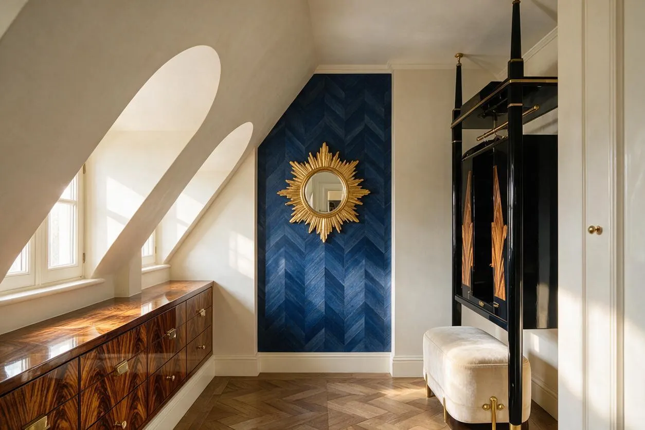 A narrow Art Deco closet with a deep blue herringbone feature wall centered by a gold sunburst mirror. On the left, a glossy wood dresser sits beneath slanted skylight windows, while the right side features a black lacquered wardrobe with brass details and a cream velvet bench.