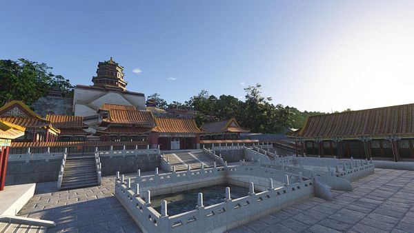 A scenic view of traditional Chinese architecture set against a clear blue sky.