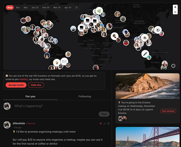 A social travel app interface displaying a world map with user avatars, an invitation to join an exclusive hotel site, and meetup event details.