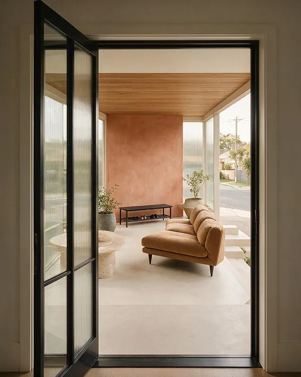 A modern front porch viewed through a black-framed glass doorway, featuring a caramel-toned upholstered lounge chair, a small black bench, concrete planters with greenery, and a peach textured accent wall. The porch has a light concrete floor, a wood-slat ceiling, and large side windows that bring in natural light.