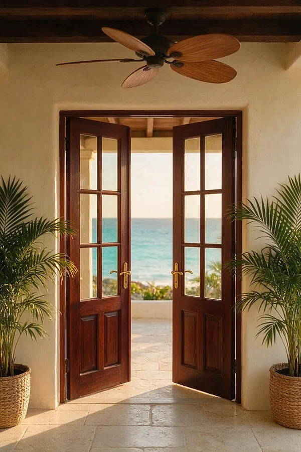 A tropical-style exterior entryway with open dark wood French doors leading to a bright ocean view. White stucco walls, a wood ceiling, a ceiling fan with wood blades, and two potted palm plants in woven baskets frame the doorway.