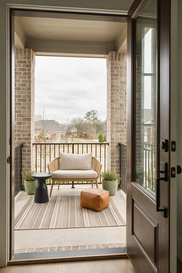 A transitional front porch is viewed through an open dark wood front door. The porch features a woven loveseat with a light cushion and pillow, a small black side table, a tan leather pouf, striped outdoor rug, potted plants, and black metal railing framed by brick columns.
