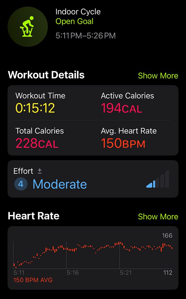 The image displays a fitness tracking interface showing details of an indoor cycling workout.