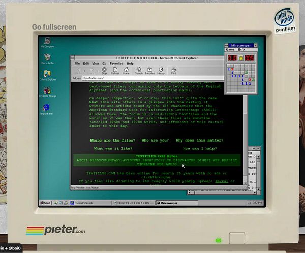 A retro computer screen displaying a web browser with a text-based website and a Minesweeper game.