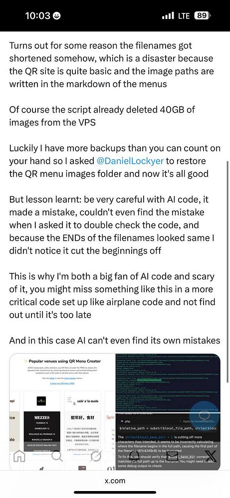 The image features a screenshot of a social media post discussing a coding error that led to the deletion of 40GB of restaurant menu images.