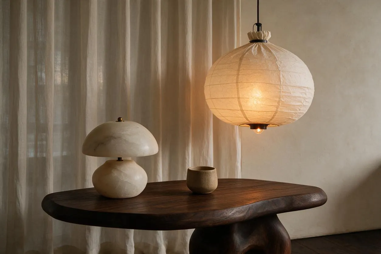 A warm organic modern interior with a sculptural dark wood table, a stone mushroom-shaped table lamp, a small ceramic cup, and a glowing paper lantern hanging above. Sheer beige curtains and soft neutral walls create a calm, earthy atmosphere.