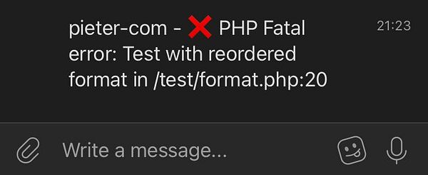 A Telegram message displaying a PHP fatal error notification.