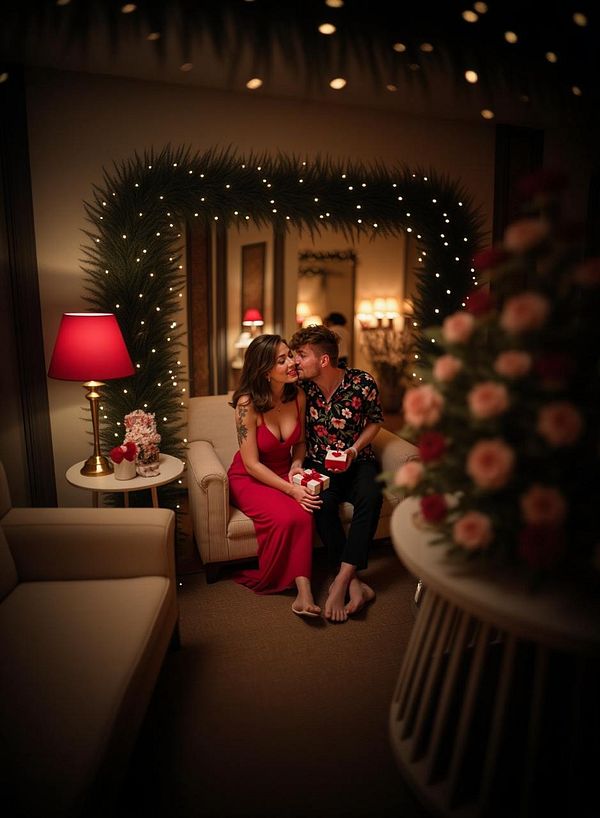 A couple shares a romantic moment in a beautifully decorated room.
