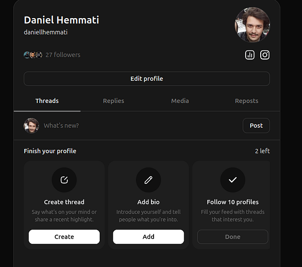 A mobile app interface displaying a Threads account sign-up screen with a suggestion from @Nomadsteve.
