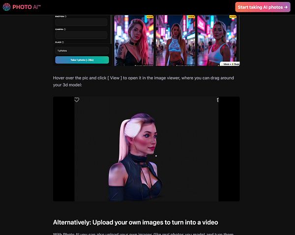 The image displays a user interface for a photo AI tool that allows users to generate 3D models from photos.