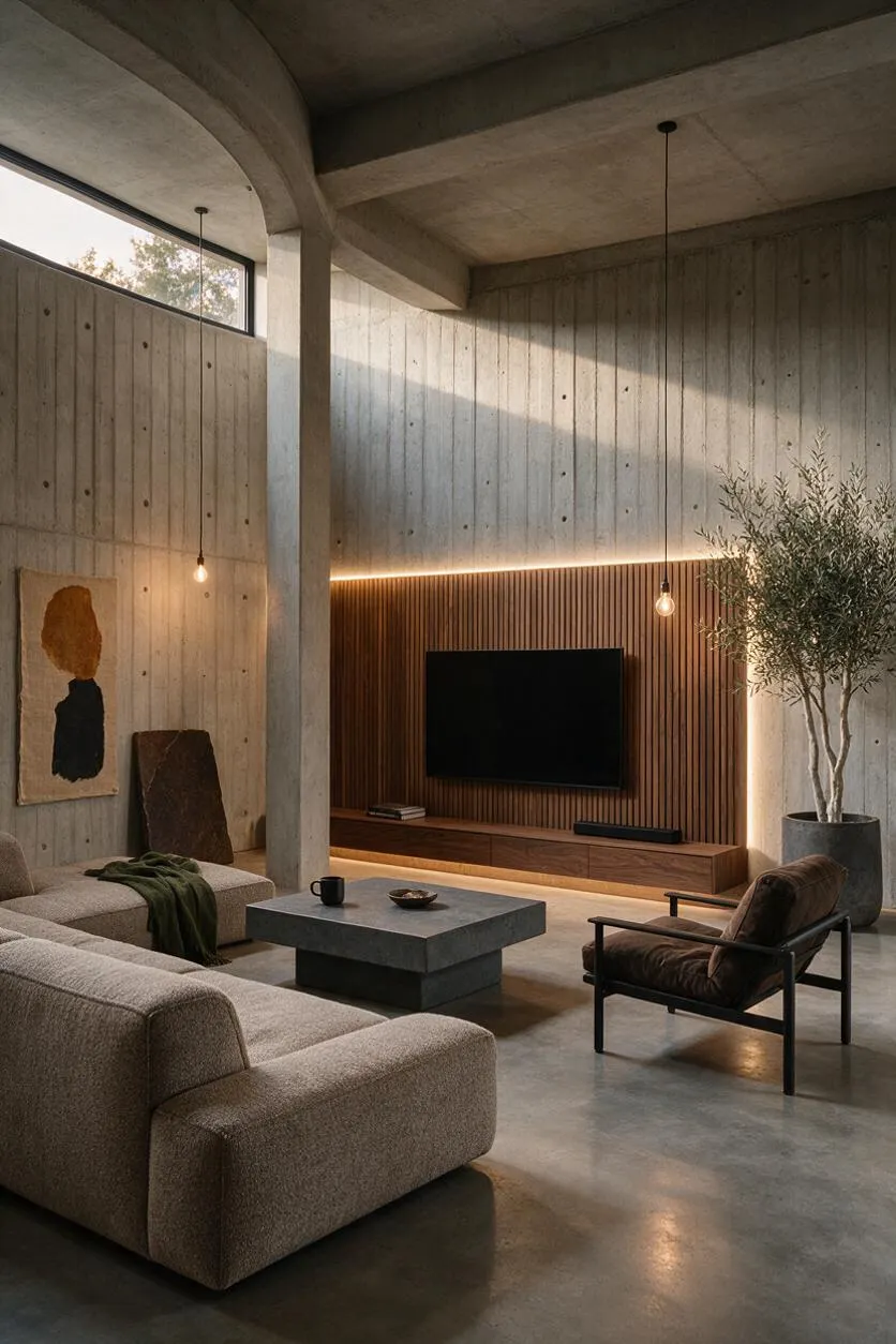 A spacious media room with raw concrete walls and ceiling, a built-in wood slat TV wall, and a large flat-screen centered above a low media console. The room includes a textured sectional sofa, a brown lounge chair, a concrete coffee table, hanging pendant bulbs, and a tall potted tree beside warm indirect lighting.