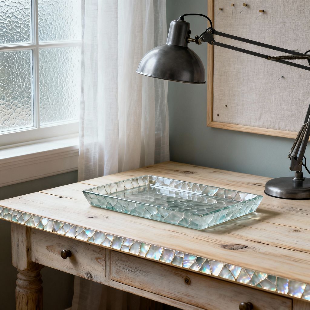 A sunlit home office corner shows a distressed light-wood desk trimmed with an iridescent glass mosaic along the edge. A shallow rectangular glass tray sits at center, and an adjustable brushed-steel task lamp with a domed shade extends over the surface. Behind the desk, a linen-covered pinboard hangs on a soft seafoam wall. To the left, a white sheer curtain filters daylight through a textured, frosted window, creating an airy, beach-inspired workspace.