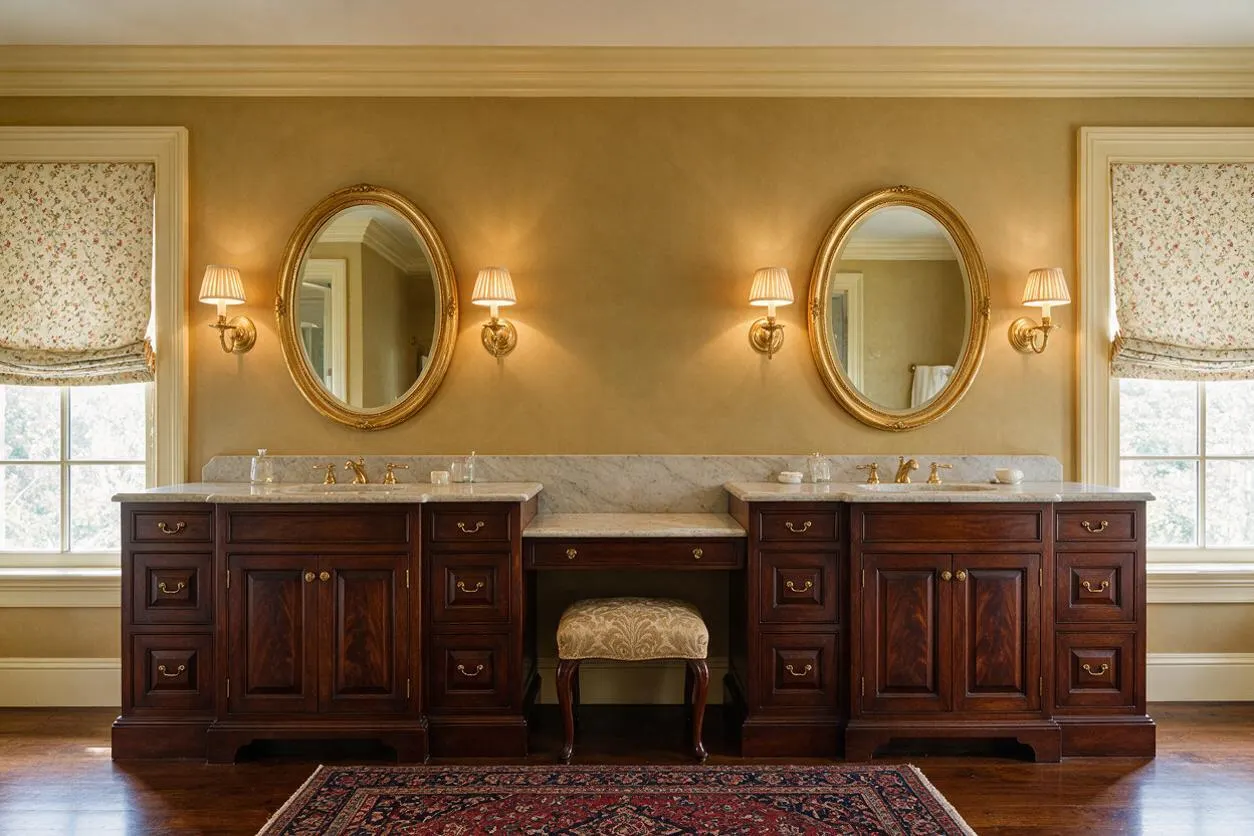 A traditional master bathroom with two dark wood vanities flanking a central makeup seating area, topped with light marble countertops and paired gold-framed oval mirrors. Soft gold walls, wall sconces, floral Roman shades, and warm wood flooring create an elegant, classic atmosphere.